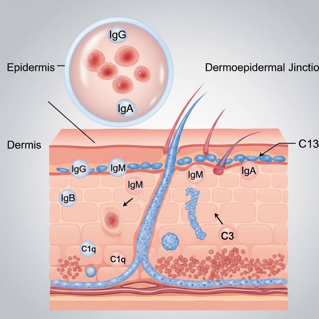 Исследование биопсии кожи (IgG, IgM, IgA, C1q, C3), прямая реакция иммунофлюоресценции